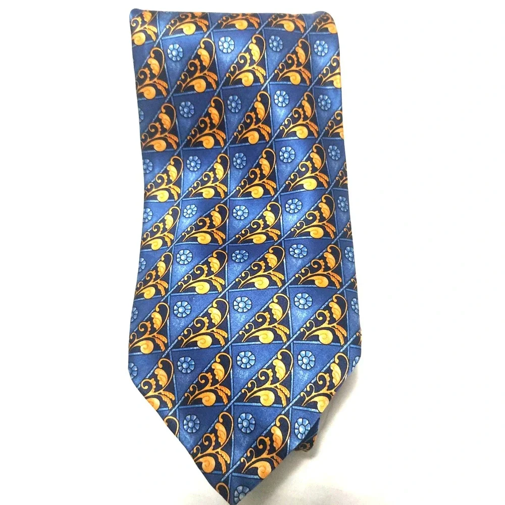 Brussels Airport Mens Silk TieBlue Gold Geo/Scroll Print Made In Italy